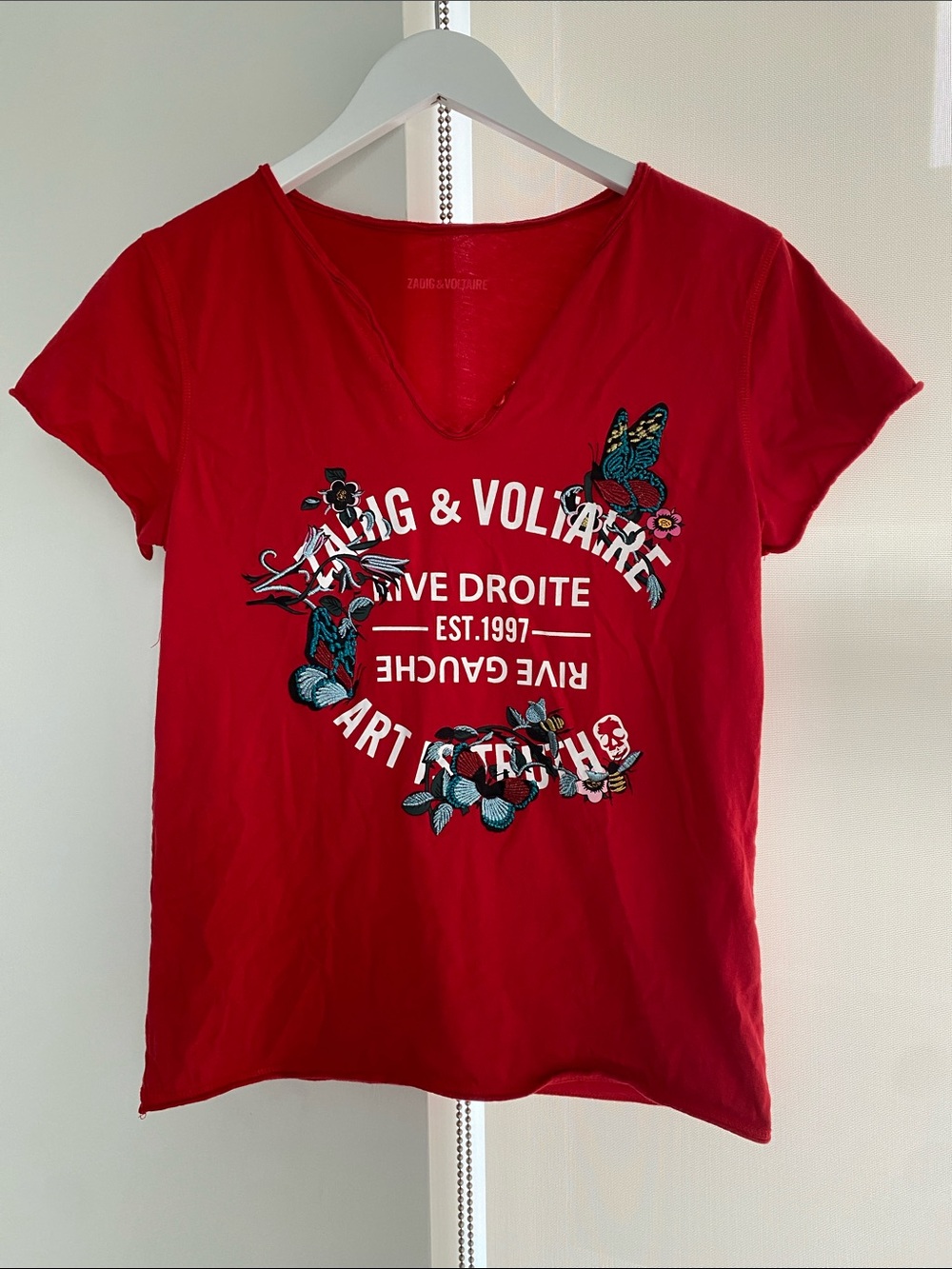 Zadig & Voltaire "Rive Droite Rive Gauche / Art is Truth" Red Graphic V-Neck Tee